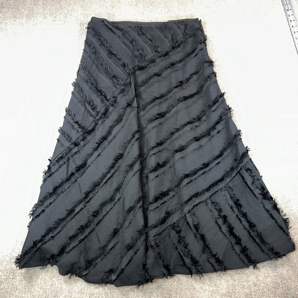 DKNY Black Fringed Textured Midi Skirt Size 2 A-Line Asymmetrical Fringe Trim
